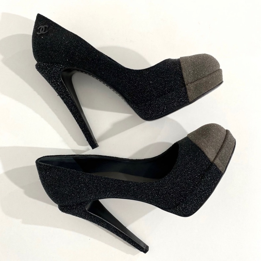 Authentic Chanel Black and Grey Glitter Platform Heels size 37 1/2
